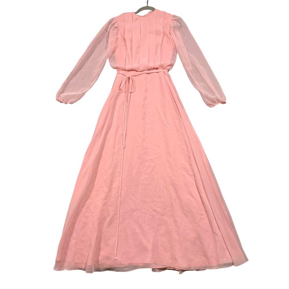 Vintage 70s Pink Chiffon Maxi Dress‎ ILGWU Union Made Sheer Bishop Sleeve Sz 7/8